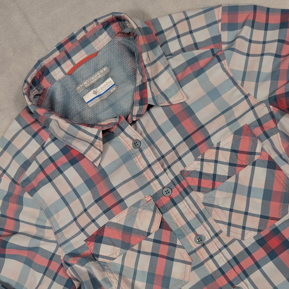 Columbia Omni-Shade Plaid Hiking Shirt Womens Medium Pink Blue Long Sleeve Vent